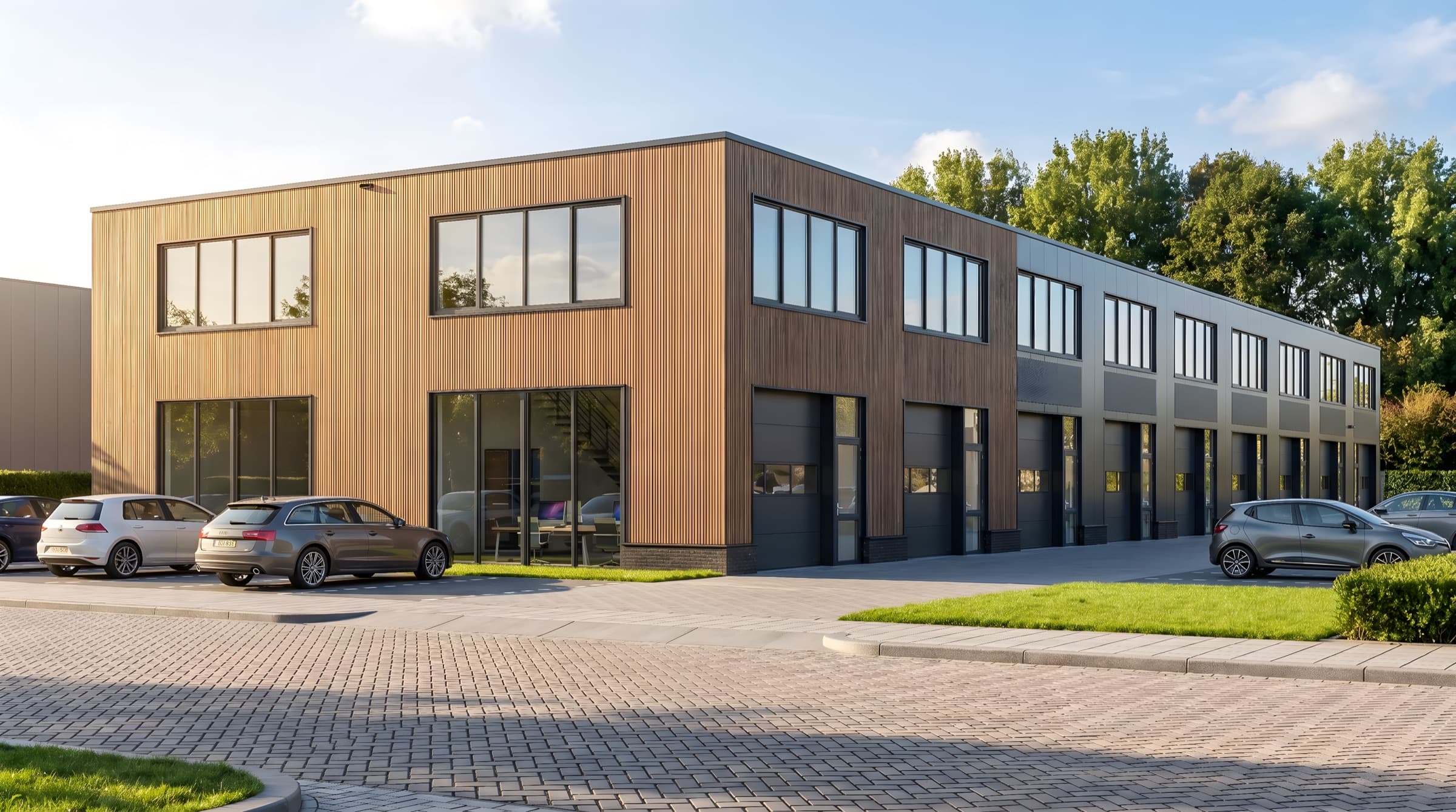 Het bedrijfsverzamelgebouw aan de Ambachtsweg, gezien vanaf het parkeerterrein